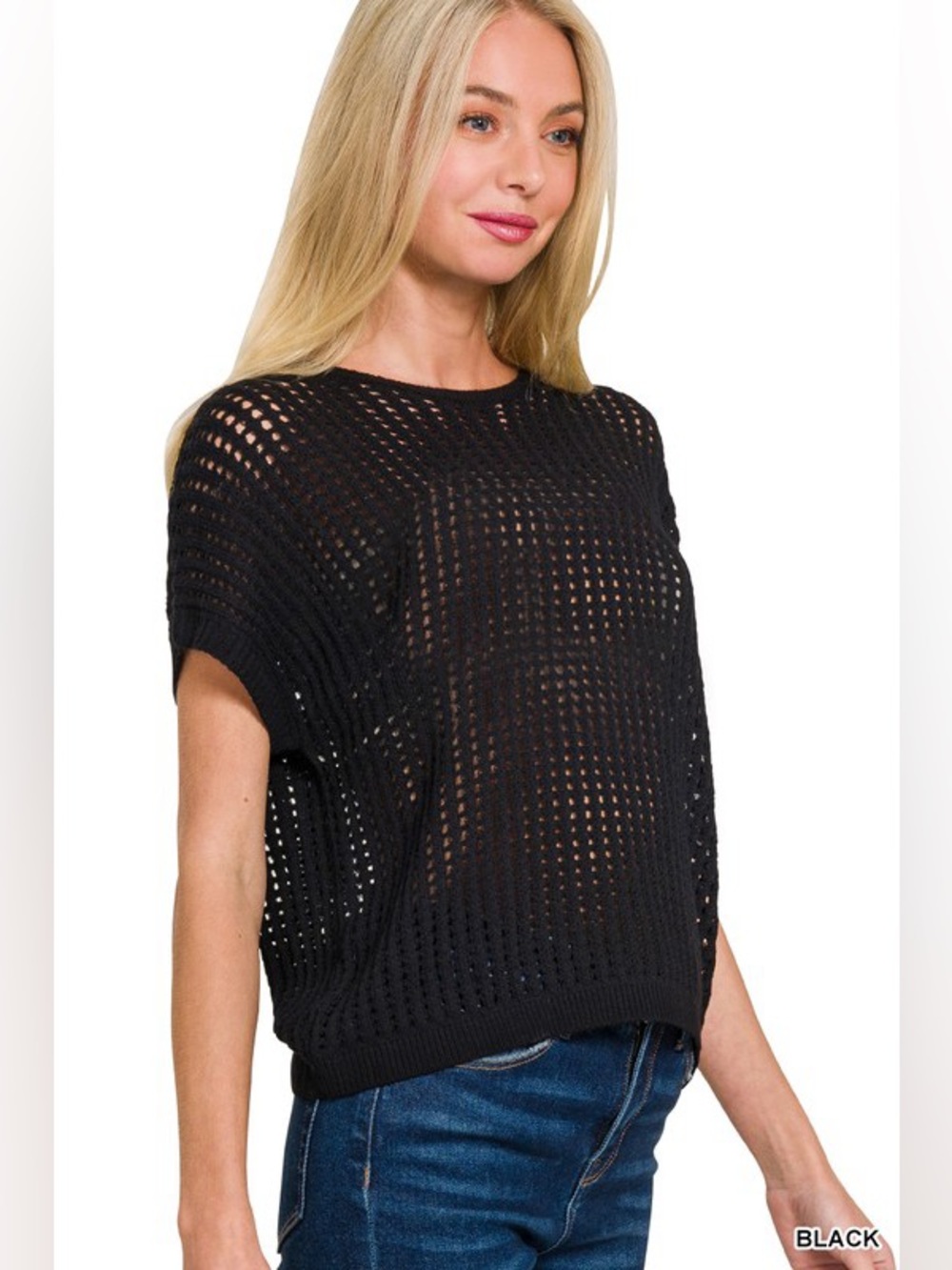 Zenana BLACK VISCOSE CROCHET KNIT SHEER HOLLOW
SWEATER
